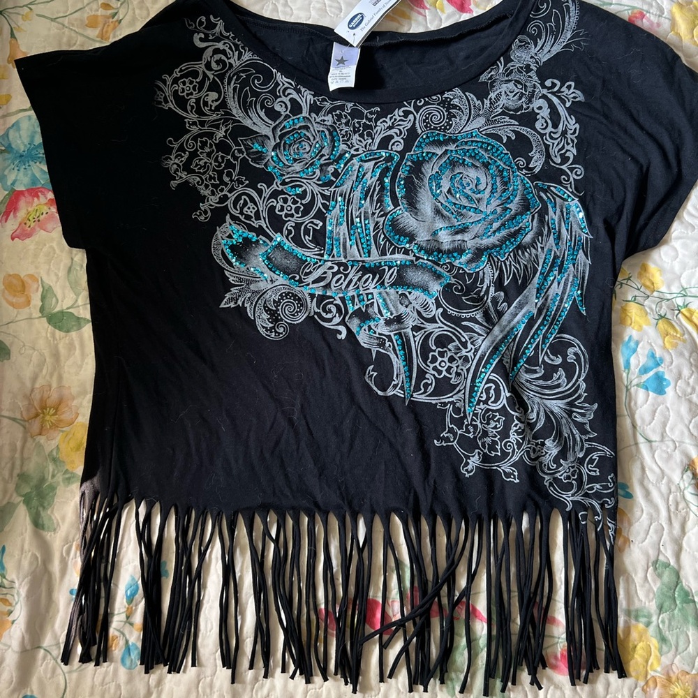 Juniors Black Fringe Top with turquoise rhinestone Floral Design